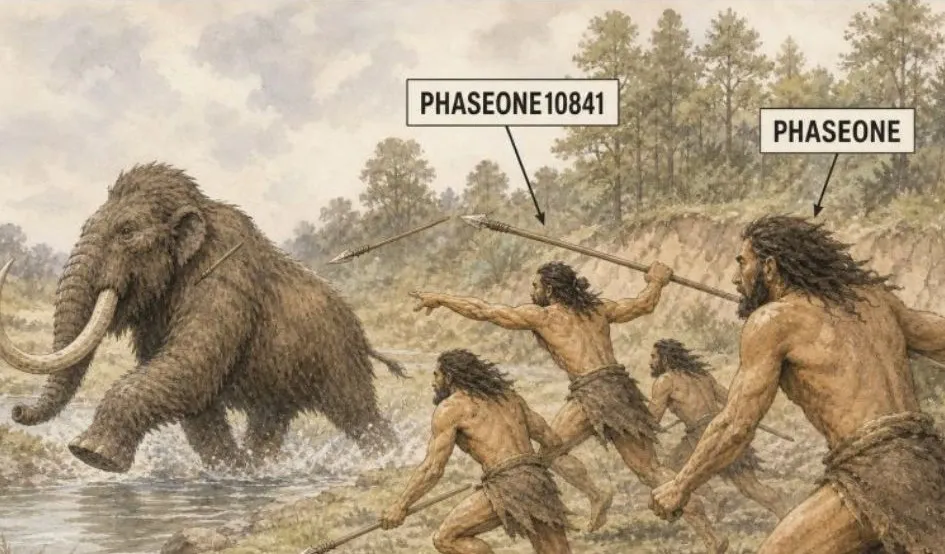 An illustration of prehistoric hunters chasing a mammoth, two of them labelled PHASEONE10841 and PHASEONE.