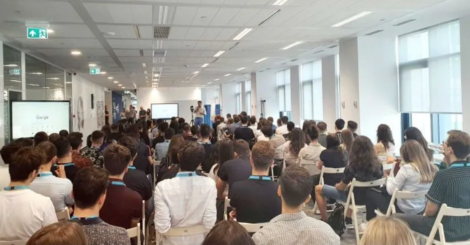 A full conference room of new Tremend trainees on their first day.