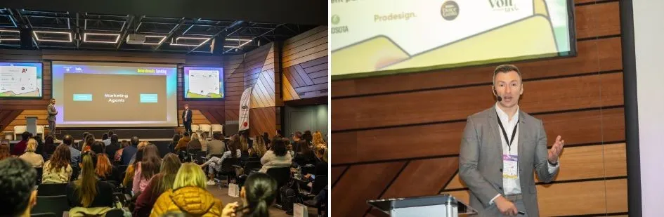 Two photos from IAB Digital Day in Sofia: a full auditorium, and Marius Hanganu speaking on stage.